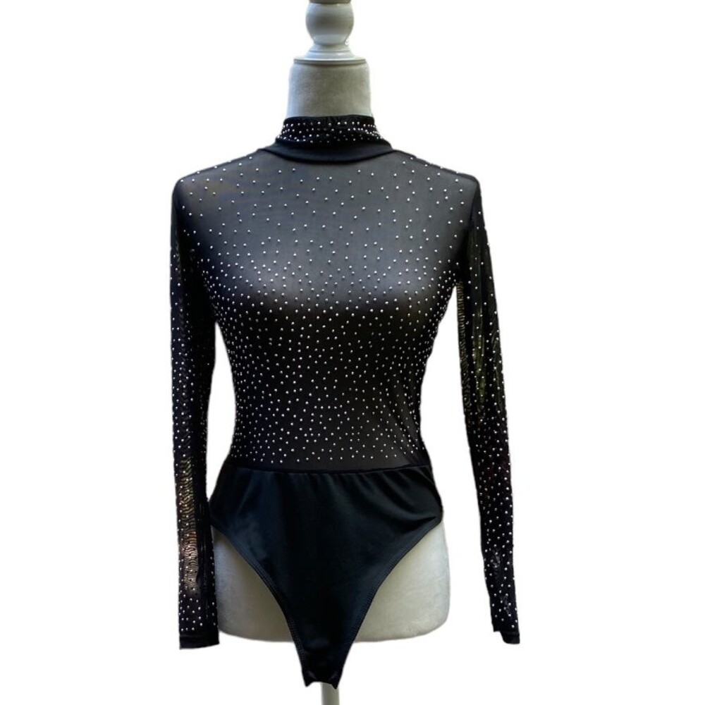 Black Sheer Mesh Mock Neck Bodysuit Studded Stretchy Size S NWOT